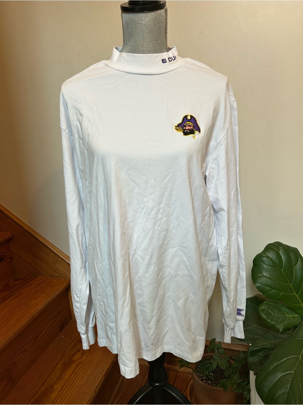 ECU Embroidered White Long-Sleeve Logo T-Shirt - Pirate Crest